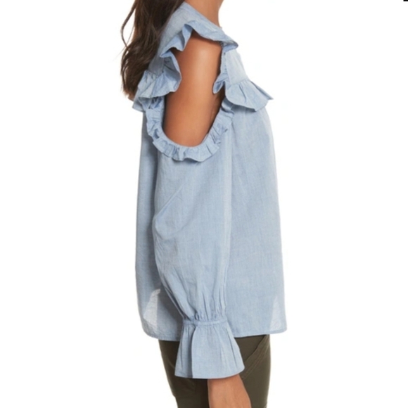 Joie Akari Ruffled Cold Shoulder Button Front Chambray Blouse SzXS - Picture 3 of 10